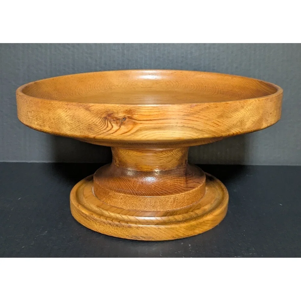 Vintage‎ Mid-Century Rustic Hand Turned Lipped Pedestal Bowl Green Felted Bottom